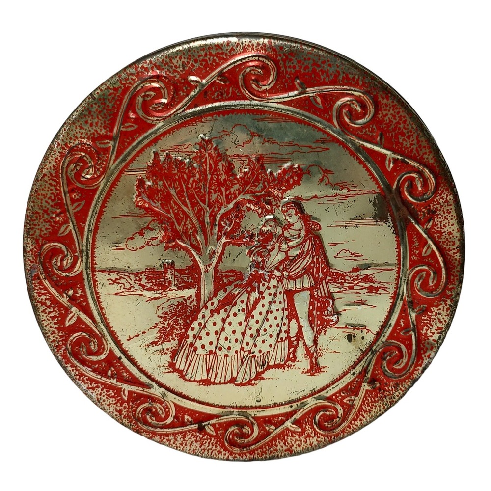 Vintage Embossed Tin Sweets Romantic Couple Red Gold Round Seven Inch Tin SEE